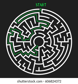 Circle Maze with Solution. Labyrinth with Entry and Exit. Find the Way Out Concept. Vector Illustration.