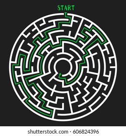 Circle Maze with Solution. Labyrinth with Entry and Exit. Find the Way Out Concept. Vector Illustration.