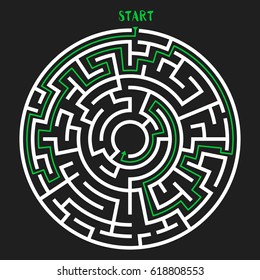Circle Maze with Solution. Labyrinth with Entry and Exit. Find the Way Out Concept. Vector Illustration.