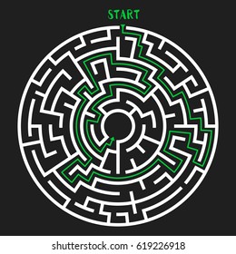 Circle Maze with Solution. Labyrinth with Entry and Exit. Find the Way Out Concept. Vector Illustration.