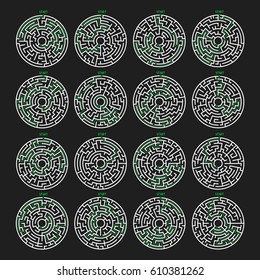 Circle Maze with Solution Set. Labyrinth with Entry and Exit. Find the Way Out Concept. Vector Illustration.
