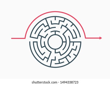 Circle maze vector labyrinth game. Round puzzle circular maze with solution. Complex labyrunth pattern.