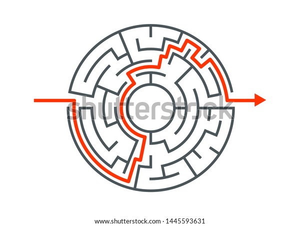 Circle maze vector\
labyrinth game. Round puzzle circular maze with solution. Complex\
labyrunth pattern.
