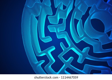 Circle Maze Wireframe low poly mesh construction. Labyrinth with Entry and Exit. Find the Way Out Concept. Transportation. Logistics Abstract Background Concept. Vector Illustration.