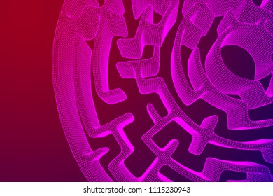 Circle Maze Wireframe low poly mesh construction. Labyrinth with Entry and Exit. Find the Way Out Concept. Transportation. Logistics Abstract Background Concept. Vector Illustration.