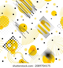 Circle memphis abstract pattern. Geometric perforation circles, minimalism style print. Rounded repeated art, black yellow elements recent vector seamless texture