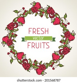 Circle menu design. Round fruits frame on light background. There is place for your text in the center. Menu template. 