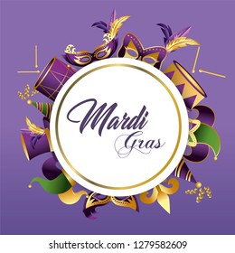 circle merdi gras emblem with masks and hats decoration