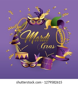 circle merdi gras emblem with masks and drums decoration