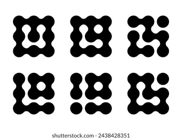 Circle metaball square icon. Connected dots merge together into blob shape. Nerve cells dividing morphing science pattern. Chemical grid structure sprayed geometric element.