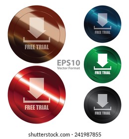 Circle metallic free trial icon, tag, label, badge, sign, sticker isolated on white, vector format