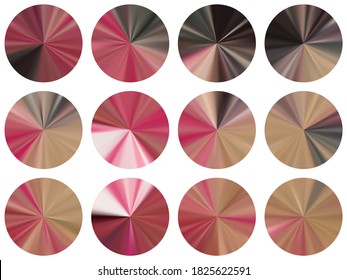 circle metallic gradient ui button elements vector set. Isolated digital medal shapes. Banner metal gradient texture templates. Icon backgrounds material design.