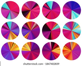 circle metallic gradient ui button elements vector collection. Isolated vibrant medal shapes. Banner metal gradient texture templates. Icon backgrounds material design.