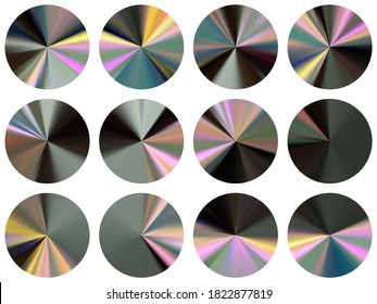 circle metallic gradient ux button elements vector set. Polished abstract medal shapes. Banner metal gradient texture templates. Label backgrounds material design.