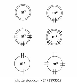 circle meter icon with black lines. m2 sign. measuring land area symbols.