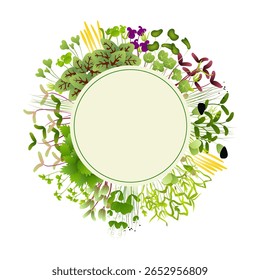 Circle of microgreens surrounding a blank space for text