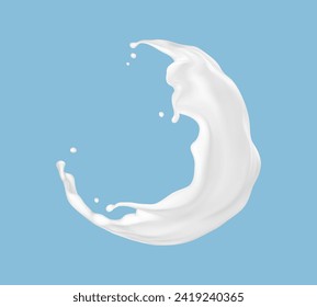 Circle milk splash isolated on blue background. Natural dairy product, yogurt or cream splash with flying drops. Realistic Vector illustration