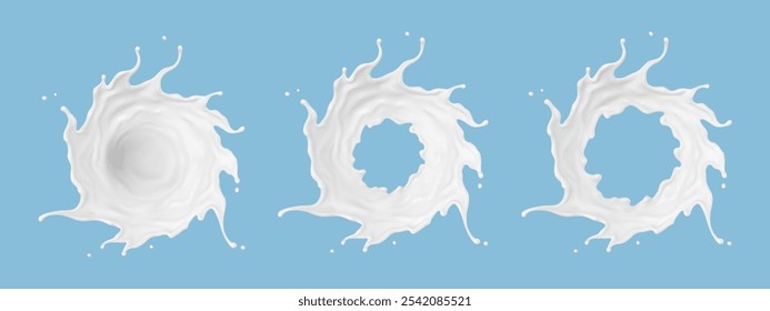 Circle milk splashes isolated on blue background. Natural dairy product, yogurt or cream splash with flying drops. Realistic Vector illustration
