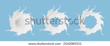 Circle milk splashes isolated on blue background. Natural dairy product, yogurt or cream splash with flying drops. Realistic Vector illustration
