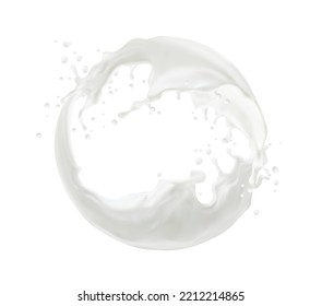 Leche circular, yogur o crema batida con gotas, agua láctea lechosa de fondo vectorial. Leche realista aislada o crema de yogur de onda redonda o flujo de remolinos con un torrente de batido de leche lechosa