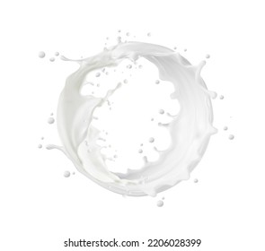Circle milk, yougurt or cream wave flow splash. Isolated vector round milky frame with splatters. Realistic white dairy product fluid with drops. Liquid flow stream, drink 3d wave splash
