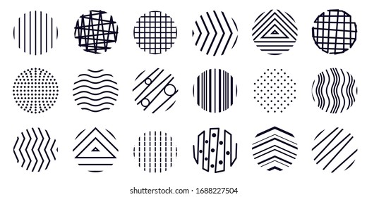 Circle minimal design modern icons collection. Doodle round textured shapes, signs, symbols set. Highlight covers, elements for social media stories, blogs, brand identity. Vector abstract bundle