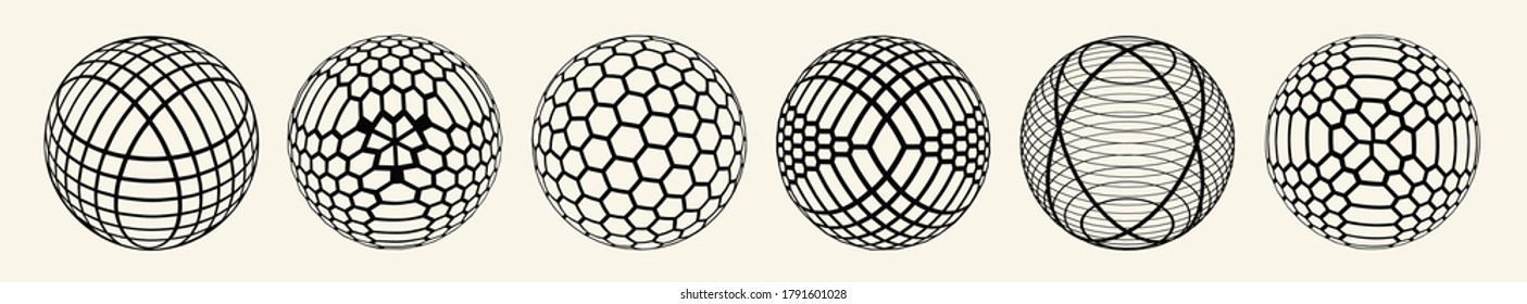 Circle minimal design modern icons collection.  Halftone  spheres isolated on white background. Stylish emblems. Vector spheres with dots, stripes, triangles, hexagons for web designs. 
