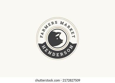 Circle minimalist farm market organic local product business logo design template vector illustration. Round emblem organic livestock with pig head decorative label with curved ribbon place for text