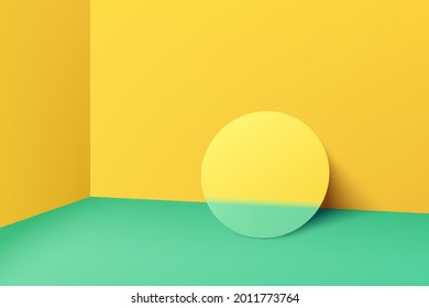 Circle mirror frame on yellow wall and pastel green floor in abstract room style. Modern minimal wall scene for product display presentation. Vector 3d rendering geometric platform design.