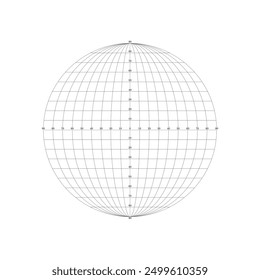 Kreis, Modell des Planeten, Erde mit Gradgitter, Koordinatensystem, Breite und Länge. Parallelen und Meridiane auf flachem Kreis. Einzeln auf weißem Hintergrund. Vektorgrafik