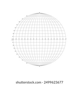 Circle, model of planet, Earth with degree grid, coordinate system, latitude from 0 to 90 and longitude from 0 to 90. Parallels and meridians on flat circle. Isolated on white background. Vector
