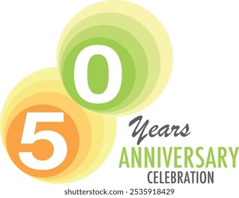 circle monochrome color of orange and lime green number 50 years anniversary celebration, isolated on white background.