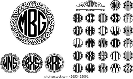 Monograma circular de tres letras. Alfabeto redondo en forma de lata para el logotipo personal de la empresa y la decoración de la etiqueta de la boda.