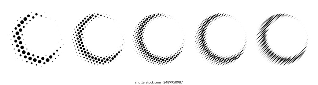 Circle moon in halftone dots pattern set. Crescent moons in black dots on white background. Gradual transition in dot size creates modern abstract digital geometric decorative design.