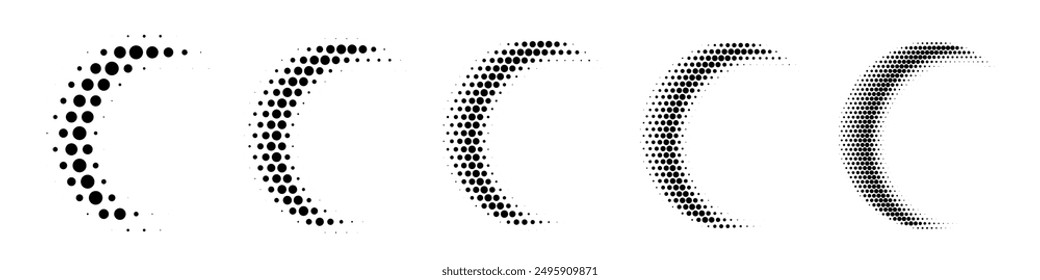 Circle moon in halftone dots pattern set. Crescent moons in black dots on white background. Gradual transition in dot size creates modern abstract digital geometric decorative design.