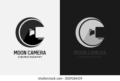 Circle Moon Shape Combined with Video Camera Silhouette Style Logo Design.