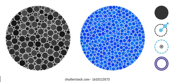 Circle mosaic of filled circles in different sizes and color tints, based on circle icon. Vector filled circles are united into blue illustration. Dotted circle icon in usual and blue versions.