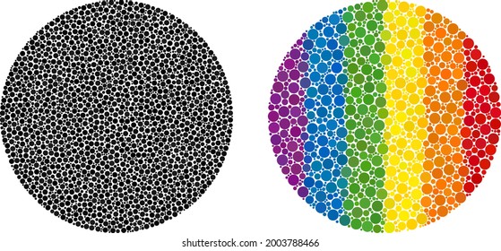 Circle mosaic icon of filled circles in variable sizes and spectrum color tints. A dotted LGBT-colored circle for lesbians, gays, bisexuals, and transgenders. Vector icon in LGBT flag colors.