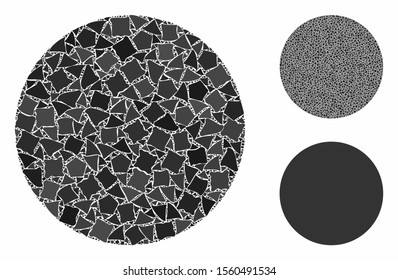 Circle mosaic of irregular pieces in various sizes and color tinges, based on circle icon. Vector irregular items are united into mosaic. Circle icons collage with dotted pattern.