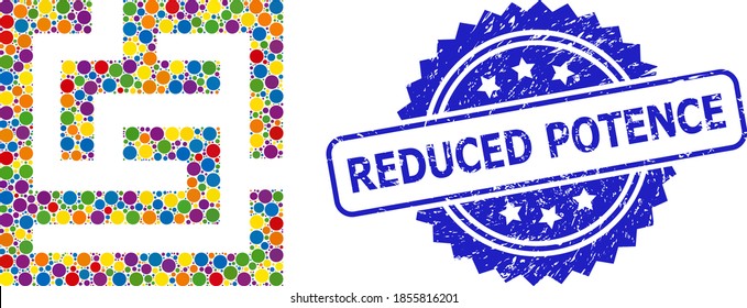 Circle mosaic labyrinth and REDUCED POTENCE corroded stamp seal. Blue stamp seal contains REDUCED POTENCE tag inside rosette. Vector labyrinth mosaic is made with scattered colorful spheric elements.