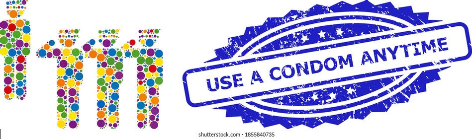Circle mosaic military unit and USE A CONDOM ANYTIME corroded stamp seal. Blue stamp seal includes USE A CONDOM ANYTIME caption inside rosette.