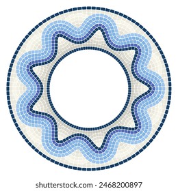 Circle mosaic ornament with wavy border, round frame in portuguese pattern with wave line, vector