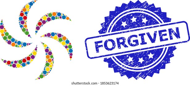 Circle mosaic turbine rotation and FORGIVEN grunge stamp print. Blue stamp seal includes FORGIVEN title inside rosette. Vector turbine rotation mosaic is done from scattered color round parts.