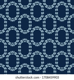 Motivo del círculo sashiko patrón de punto.  Fondo vectorial sin fisuras japonés. Textura de línea dibujada a mano para impresión textil. Decoración clásica japonesa de bordado, plancha acolchada de fusión asiática kimono. 