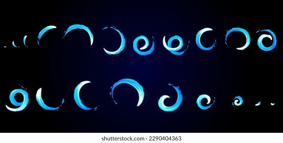 Circle motion sprite animation, cartoon game magic energy power effect, vector background. Light circle or water wave and blue liquid twirl animation sprite sheet of spiral smoke in circle motion