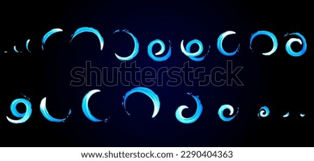 Circle motion sprite animation, cartoon game magic energy power effect, vector background. Light circle or water wave and blue liquid twirl animation sprite sheet of spiral smoke in circle motion