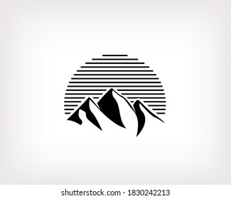 circle mountain and sun classic art icon symbol logo design