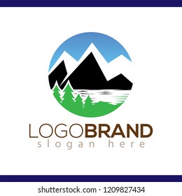 Circle mountain and wildlife logo vector element.