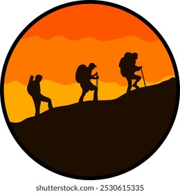 Ilustração do logotipo do montanhista do círculo com design de arte plana do estilo do vetor com paisagem de fundo do tema do pôr do sol para o logotipo, modelo, marca ou empresa