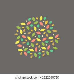 Circle of multicolored abstract leaves isolated on a gray background. Flat vector illustration, eco design template, autumn theme